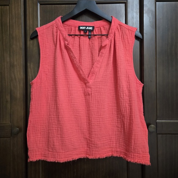 DKNY Womens Gauze Sleeveless Tank Top Bright Pink Coral Relaxed Resortwear Small - Picture 1 of 14